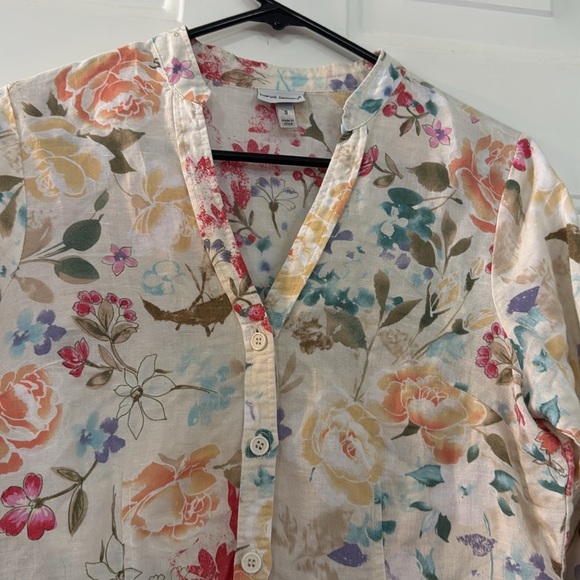 Harvé Bernard Linen Cotton Blend Floral Button Down Top Light Airy Size Small - Picture 2 of 7